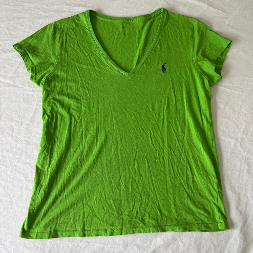 Polo Ralph Lauren Womens Lime Green V-Neck T-Shirt Navy‎ Pony Logo Cotton L